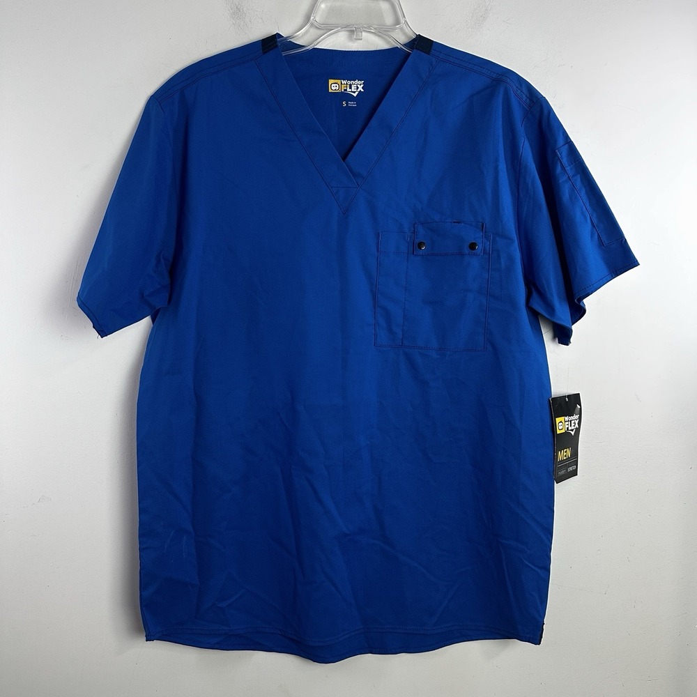 WonderWink WonderFlex Scrub Top Blue Utility Pocket Mens Size Small NWT
